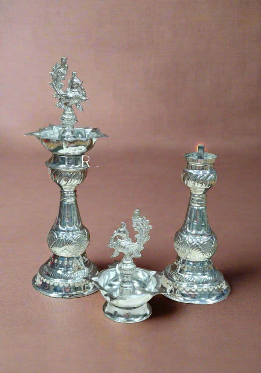 german silver nakashi peacock diya set for housewarming/ home décor/ diwali